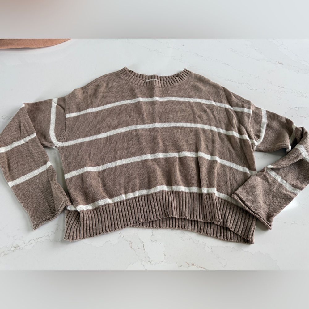 Z Supply Taupe and Cream Striped Cropped Crew Sweater